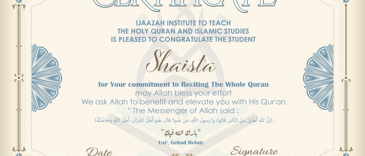 - Shaista for Reciting The Whole Quran - IJAAZAH