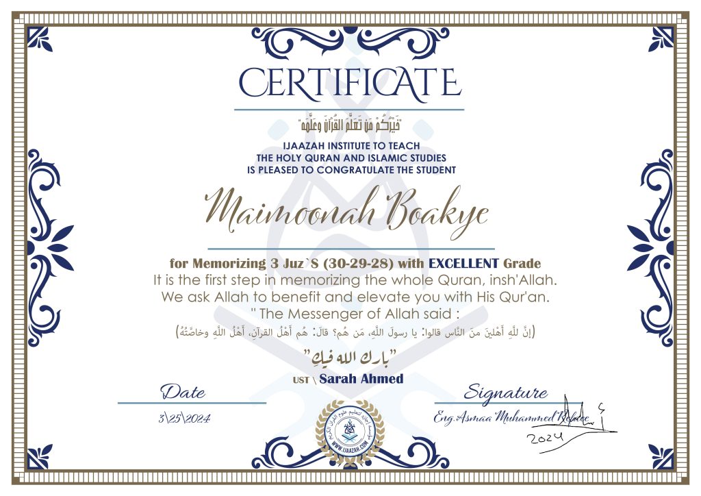 Maimoonah Boakye for Memorizing 3 Juz’s (30-29-28)