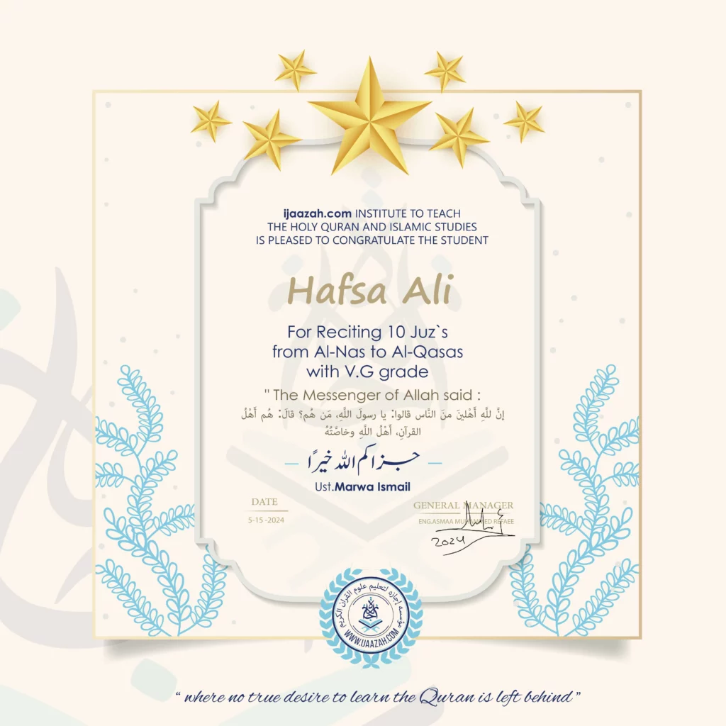 Hafsa Ali for Reciting 10 Juz`