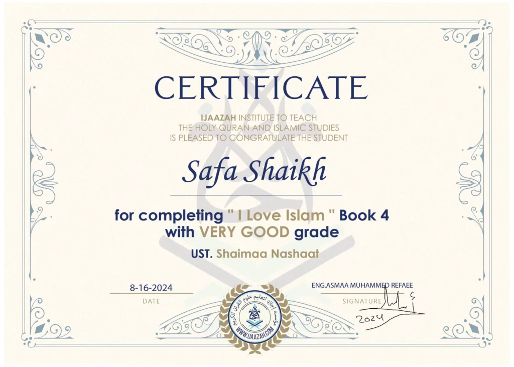 Safa Shaikhfor completing ” I Love Islam ” Book 4