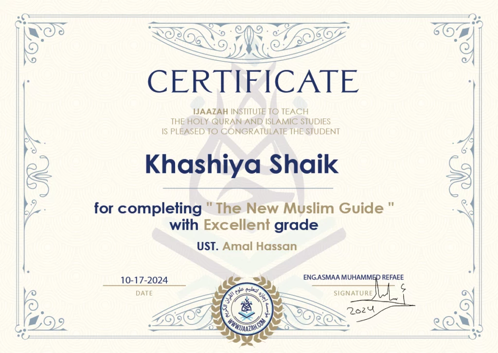 Khashiya Shaik for completing “The New Muslim Guide”