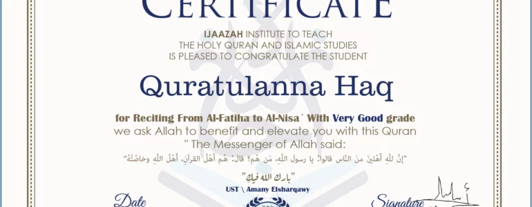 - Quratulanna Haq for Reciting From Surah Al-Fatiha To Surah Al-Nisa' - IJAAZAH