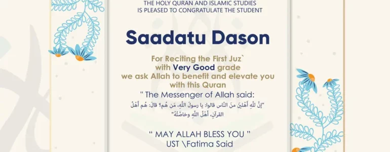 - Saadatu Dason for Reciting the First Juz' - IJAAZAH