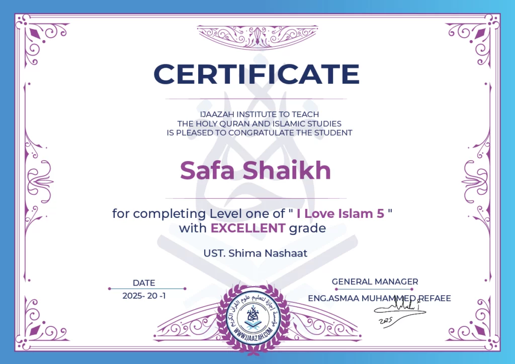 Safa Shaikh for completing Level one of ” I Love Islam 5 “
